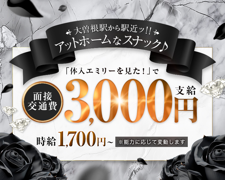 ◆大曽根駅から駅近ッ!!
アットホームなスナック♪
「体入エミリーを見た!」で
面接交通費
3,000円
支給
時給1,700円~
※使力に応じて変動します。