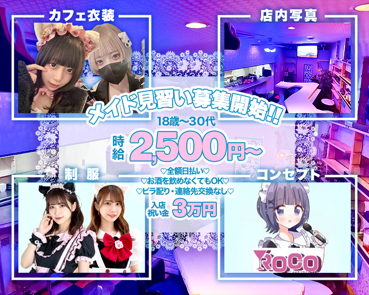 カフェ衣装
店内写真
メイド見習い募集開始!!
18歳~30代
時給
2,500円~
♡全額日払い♡
♡お酒を飲めなくてもOK♡
♡ビラ配り・連絡先交換なし♡
制服
入店
祝い金
3万円
コンセプト

その他待遇
全額日払い

交通費支給

引かれものなし

早上がりなし

制服無料貸与