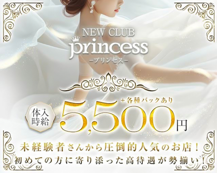 NEW CLUB
Princess -プリンセス-
体入時給　5,500円+各種バックあり
未経験者さんから圧倒的人気のお店！
初めての方に寄り添った高待遇が勢揃い！