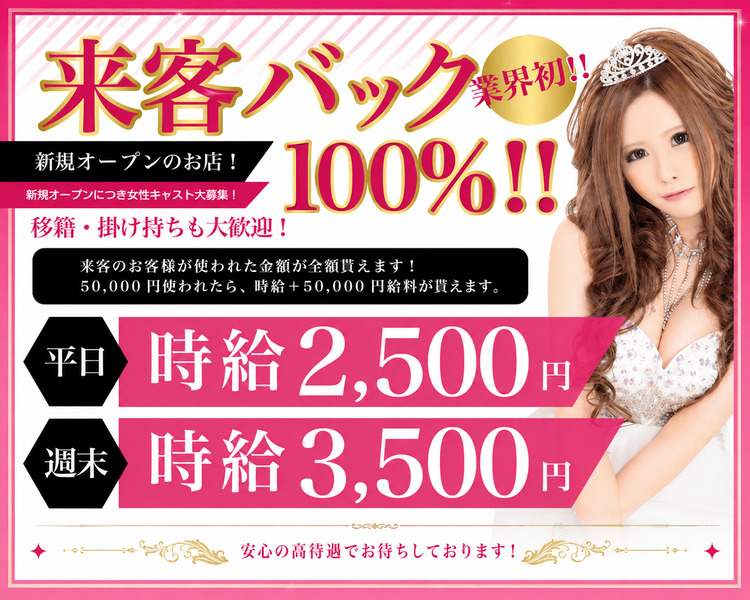 来客バック100％！！業界初！！
新規オープンのお店！新規オープンにつき女性キャスト大募集！
移籍・掛け持ちも大歓迎！
来客のお客様が使われた金額が全額貰えます！
50,000円使われたら、時給+50,000円給料が貰えます。
平日 時給25,000円
週末 時給3,500円
安心の待遇でお待ちしております！