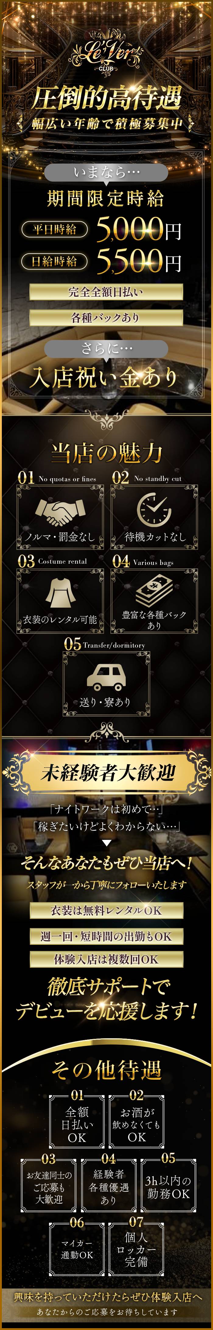圧倒的高待遇

幅広い年齢で積極募集中

いまなら...
期間限定時給
【平日】時給5,000円～
【週末】時給5,500円～
完全全額日払い
各種バックあり

さらに...
入店祝い金あり

当店の魅力

01ノルマ・罰金なし
02待機カットなし
03衣装のレンタル可能
04豊富な各種バックあり
05送り・寮あり

未経験者大歓迎

「ナイトワークは初めて」
「稼ぎたいけどよくわからない」
⇒そんなあなたもぜひ当店へ！
スタッフが一から丁寧にフォローいたします

衣装は無料レンタルOK
週一回・短時間の出勤もOK
体験入店は複数回OK

徹底サポートでデビューを応援します！

その他待遇
全額日払いOK
お酒が飲めなくてもOK
お友達同士のご応募も大歓迎
経験者各種優遇あり
3h以内の勤務OK
マイカー通勤OK
個人ロッカー完備

興味を持っていただけたらぜひ体験入店へ
あなたからのご応募をお待ちしています
