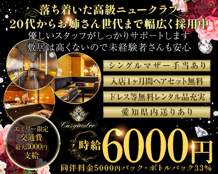 落ち着いた高級ニュークラブ
20代からお姉さん世代まで幅広く採用中
優しいスタッフがしっかりサポートします
敷居は高くないので未経験者さんも安心

シングルマザー手当あり
入店1ヶ月間ヘアセット無料
ドレス等無料レンタル品充実
愛知県内送りあり
時給6000円
同伴料金5000円バック・ボトルバック33％