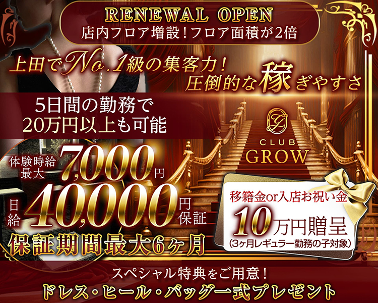 RENEWAL OPEN
店内フロア増設!フロア面積が2倍

上田でNo.1級の集客力!
圧倒的な稼ぎやすさ

5日間の勤務で 20万円以上も可能

体験時給最大7,000円
日給40,000円保証

保証期間最大6ヶ月

CLUB GROW

移籍金or入店お祝い金
10万円贈呈
(3ヶ月レギュラー勤務の子対象)

スペシャル特典をご用意!
ドレス・ヒール・バッグ一式プレゼント