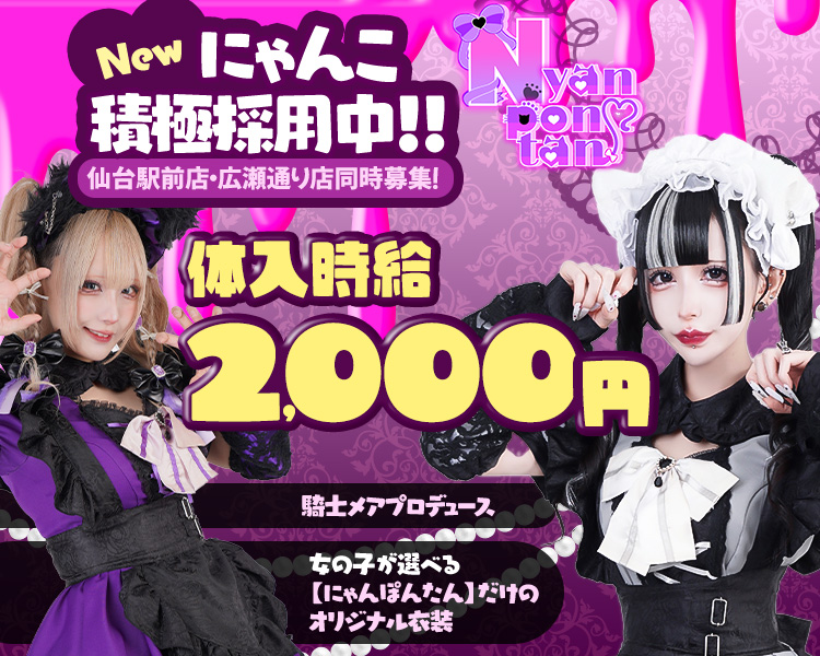 Newにゃんこ積極採用中！！
仙台駅前店・広瀬通り店同時募集！
体入時給2,000円
騎士メアプロデュース
女の子が選べる【にゃんぽんたん】だけのオリジナル衣装