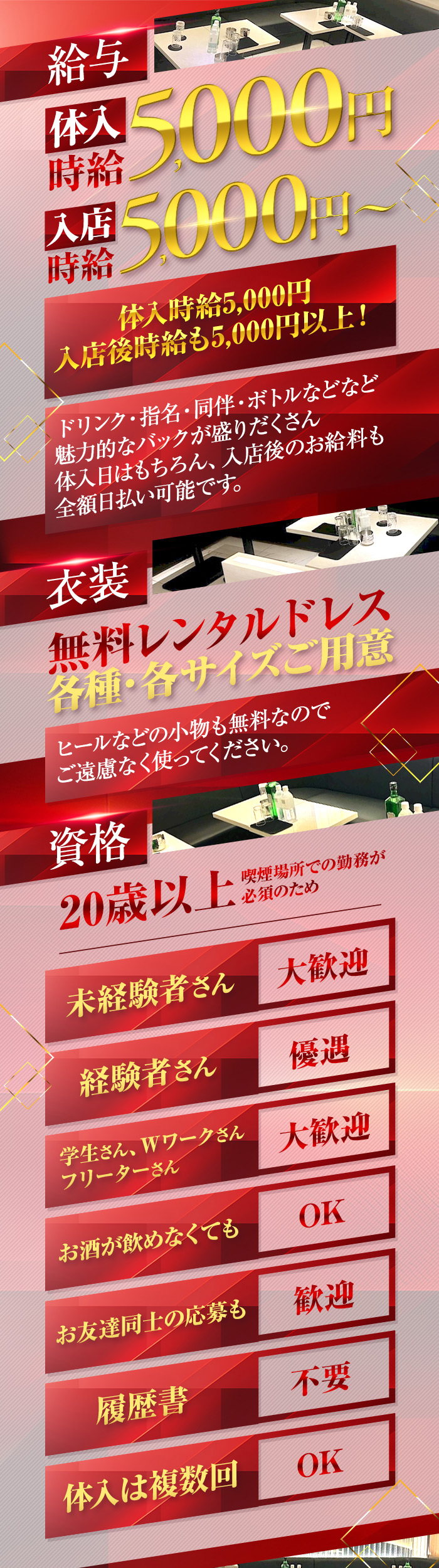 【給与】
体入時給：5,000円
入店時給：5,000円～

体入時給5,000円
入店後時給も5,000円以上！

ドリンク・指名・同伴・ボトルなどなど
魅力的なバックが盛りだくさん
体入日はもちろん、入店後のお給料も全額日払い可能です。

【衣装】
無料レンタルドレス
各種・各サイズご用意！

ヒールなどの小物も無料なので、ご遠慮なく使ってください。

【資格】
20歳以上
（喫煙場所での勤務が必須なため）

未経験者さん大歓迎！
経験者さん優遇！
学生さん、Wワークさん、フリーターさん大歓迎！
お酒が飲めなくてもOK！
お友達同士の応募も歓迎！
履歴書不要！
体入は複数回OK！