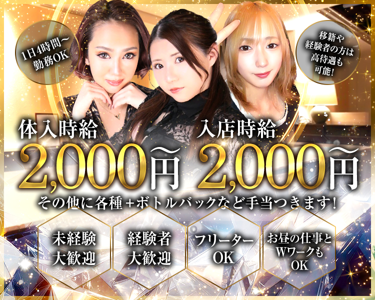 1日4時間～
勤務OK

移籍や
経験者の方は
高待遇も
可能！

体入時給
2,000円～

入店時給
2,000円～

その他に各種+ボトルバックなど手当つきます!

未経験
大歓迎

経験者
大歓迎

フリーター
OK

お昼の仕事と
Wワークも
OK