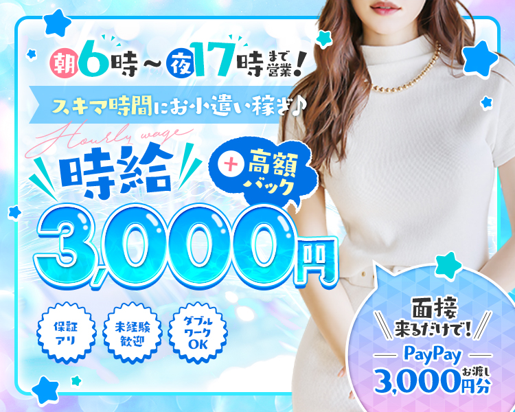 「朝6時～夜17時まで営業！スキマ時間にお小遣い稼ぎ♪」
「時給3000円+高額バック」
「保証アリ」「未経験歓迎」「ダブルワークOK」
「面接来るだけで！paypay3,000円分お渡し」