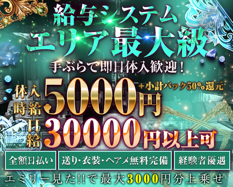 給与システムエリア最大級
手ぶらで即日体入歓迎
体入時給5000円＋小計バック50%還元
日給30000円以上可
全額日払い
経験者優遇
送り・衣装・ヘアメ無料完備
エミリー見た!!で最大3000円分上乗せ
