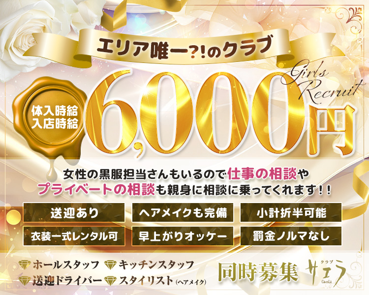 体入時給
入店時給
6,000円

エリア唯一·のクラブ

女性の黒服担当さんもいるので仕事の相談や
プライベートの相談も親身に相談に乗ってくれます !!

送迎あり
ヘアメイクも完備
衣装一式レンタル可
早上がりオッケー
罰金ノルマなし

●ホールスタッフ ●キッチンスタッフ
●送迎ドライバー●スタイリスト(ヘアメイク)

同時募集