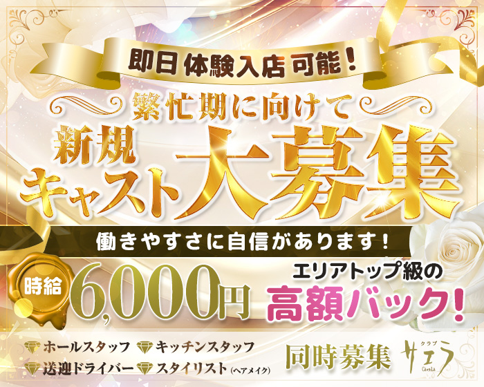体入時給
入店時給
6,000円

エリア唯一·のクラブ

女性の黒服担当さんもいるので仕事の相談や
プライベートの相談も親身に相談に乗ってくれます !!

送迎あり
ヘアメイクも完備
衣装一式レンタル可
早上がりオッケー
罰金ノルマなし

●ホールスタッフ ●キッチンスタッフ
●送迎ドライバー●スタイリスト(ヘアメイク)

同時募集