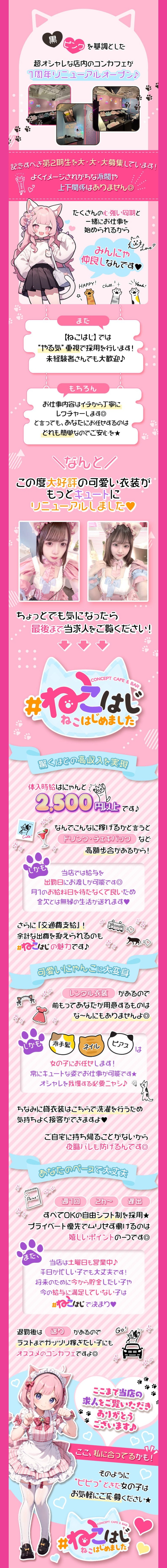 『コンセプトカフェ＆バー ねこはじめました』は
「江坂駅」から徒歩1分の
駅近コンカフェです♪

オリジナルオーダーの
猫耳スタイル衣装が
「可愛いすぎ♡」と
働いている女の子にも人気ですよ～♡

グループ経営店だからこその集客力で
コンカフェ未経験者でも
しっかり稼げるようになれちゃいます！