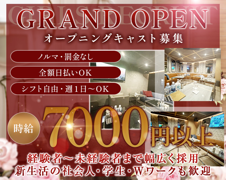 GRAND OPEN
オープニングキャスト募集
ノルマ・罰金なし
全額日払いOK
シフト自由 週1日~OK
時給7000円以上
経験者~未経験者まで幅広く採用
新生活の社会人・学生・Wワークも歓迎