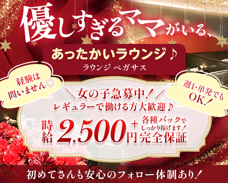 優しすぎるママがいる
あったかいラウンジ♪
ラウンジペガサス

女の子急募中!
レギュラーで働ける方大歓迎♪
時給 2,500円完全保証＋各種バックでしっかり稼げます！

経験は問いません◎
週1・単発でも OKでも！

初めてさんも安心のフォロー体制あり！