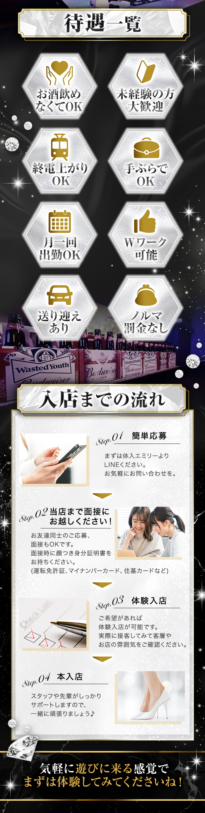 待遇一覧
お酒飲めなくてOK
未経験の方 大歓迎
終電上がりOK
手ぶらでOK
月一回出勤OK
Wワーク可能
送り迎えあり
ノルマ・罰金なし
入店までの流れ
Step. 簡単応募
まずは体入エミリーより
LINEください。
お気軽にお問い合わせを
当店まで面接にお越しください!
お友達同士のご応募、面接もOKです。
面接時に顔つき身分証明書をお持ちください。
(運転免許証、マイナンバーカード、 住基カードなど)
本入店
スタッフや先輩がしっかり サポートしますので、一緒に頑張りましょう♪
体験入店
ご希望があれば体験入店が可能です。
実際に接客してみて客層やお店の雰囲気をご確認ください。
気軽に遊びに来る感覚でまずは体験してみてくださいね!