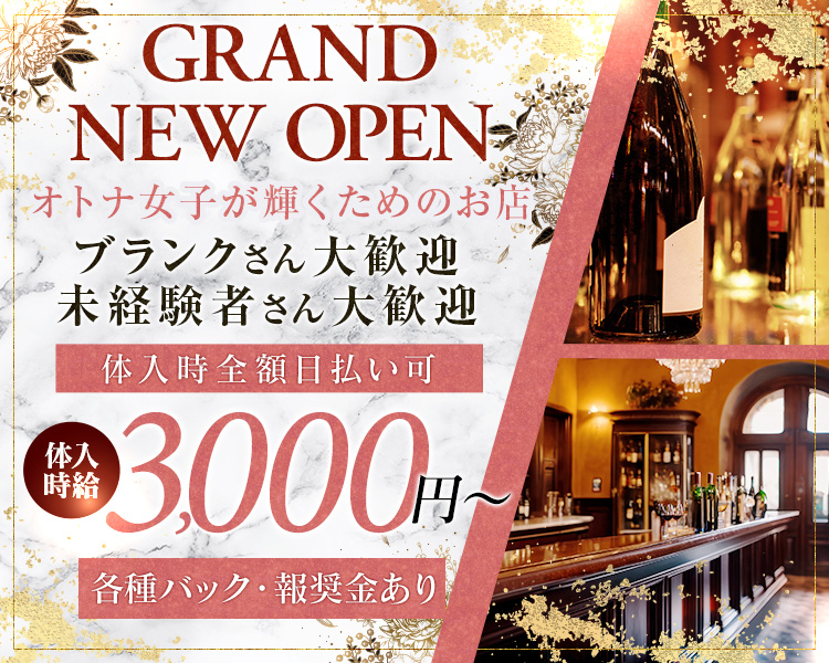GRAND NEW OPEN
オトナ女子が輝くためのお店

ブランクさん大歓迎
未経験者さん大歓迎
体入時全額日払い可

体入時給3000円～

各種バック・報奨金あり