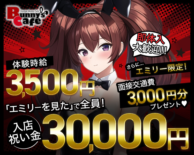 体験時給3,500円
即体入大歓迎!!
さらに…エミリー限定!面接交通費3,000円分プレゼント
「エミリーを見た」で全員!入店祝い金30,000円