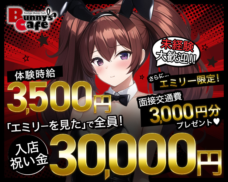 体験時給3,500円
未経験大歓迎!!
さらに…エミリー限定!面接交通費3,000円分プレゼント
「エミリーを見た」で全員!入店祝い金30,000円