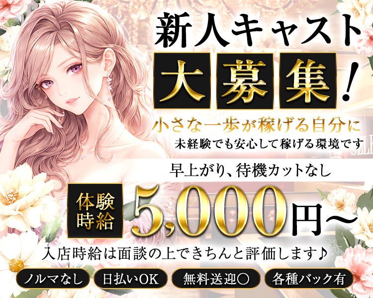 新人キャスト
大募集！
小さな一歩が稼げる自分に
未経験でも安心して稼げる環境です
早上がりなし、待機カットなし
体験時給5,000円～
入店時給は面談の上できちんと評価します♪
ノルマなし
日払いOK
無料送迎○
各種バック有