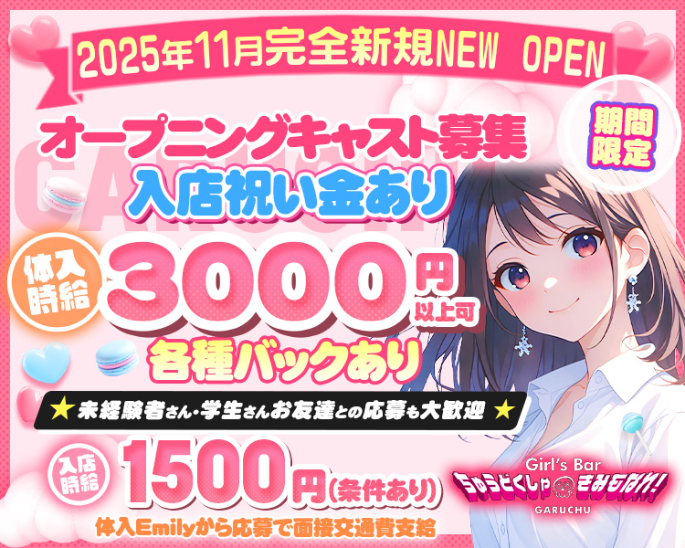2025年11月 完全新規GRAND OPEN
オープニングキャスト募集
未経験者さん学生さんお友だちとの応募も大歓迎
入店祝い金5万円支給
期間限定
体入時給3000円
入店時給1500円（条件あり）
各種バックあり
体入Emilyから応募で面接交通費支給
