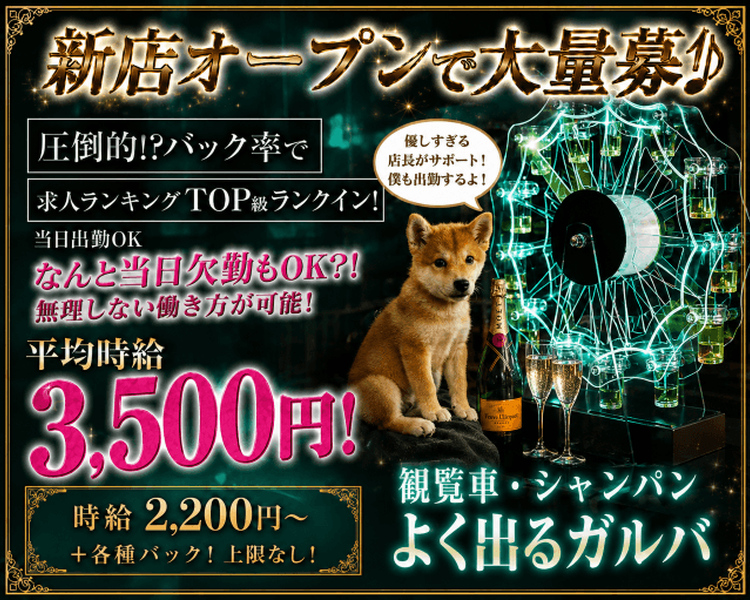 新店オープンで大量募集♪
圧倒的！？バック率で求人ランキングTOP級ランクイン
当日出勤OK
なんと当日欠勤もOK？！
無理しない働き方が可能！
平均時給3,500円！
時給2,200円～
＋各種バック！上限なし！
観覧車・シャンパンよく出るガルバ