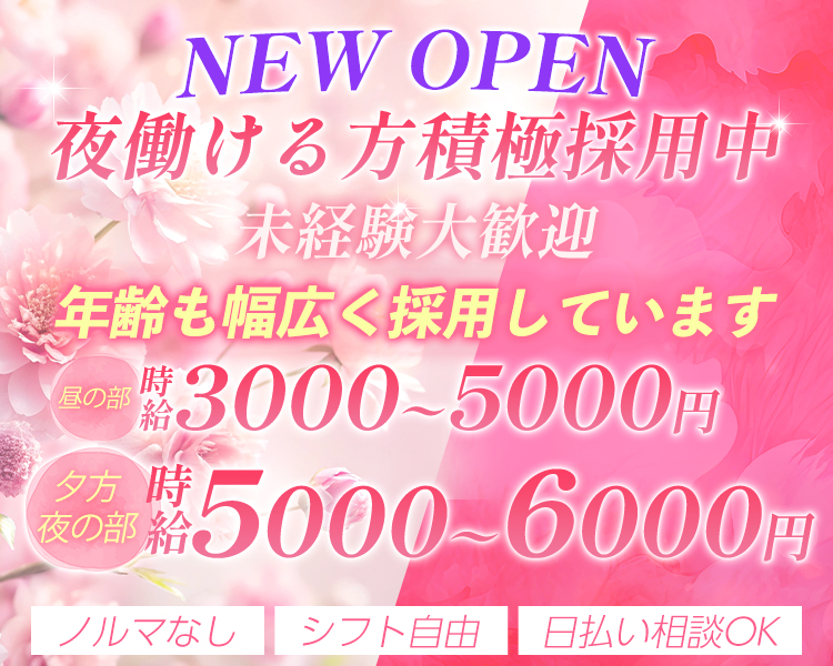 NEW OPEN
夜働ける方積極採用中
未経験大歓迎
年齢も幅広く採用しています
昼の部　
時給3000〜5000円
夕方・夜の部　
時給5000～6000円
ノルマなし
シフト自由
日払い相談OK