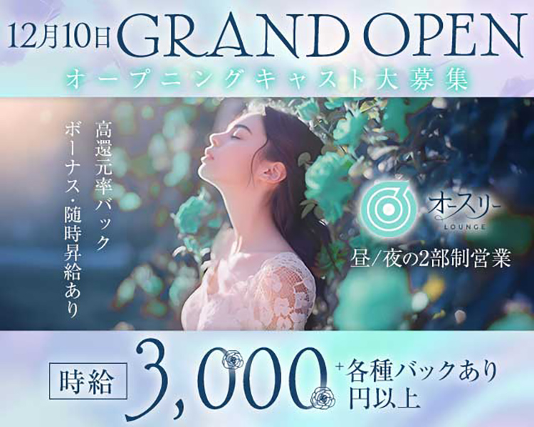 12月10日グランドオープン！
オープニングキャスト大募集
高還元率バック
ボーナス・随時昇給あり
時給3,000円以上+各種バックあり
