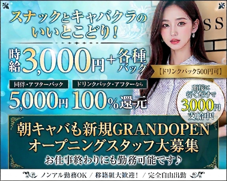 スナックとキャバクラのいいとこどり！
時給3000円＋各種バック
同伴・アフターバック5000円　ドリンクバック　アフターなら100％還元
ドリンクバック500円可！
面接に行くだけで3000円支給中！

男性・女性黒服　同時募集
日給1.5万～2万円
歩合で月収50万～60万可能！

ノンアル勤務OK
移籍組大歓迎！
完全自由出勤